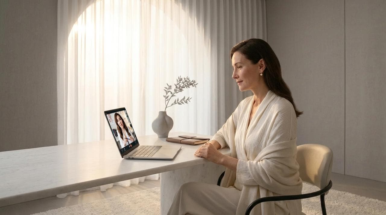 Woman in a comfortable home setting on a virtual consultation call with a Michigan medical aesthetics and wellness provider